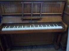 A BURLING & MANSFIELD, LONDON, TEAK CASED UPRIGHT PIANO HAVING AN INLAID FRONT PANEL TO THE TOP -