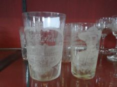 A COLLECTION OF FOUR MISC. ETCHED GLASSES INCL. THE LIVERPOOL INTERNATIONAL EXHIBITION 1886 ENGRAVED