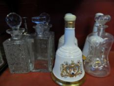 A COLLECTION OF MISC. DECANTERS INCL. MARTELL COGNAC, THREE 75 CL COMMEMORATIVE BELLS PORCELAIN