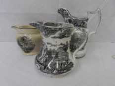 THREE BLACK AND WHITE TRANSFERED POTTERY WATER JUGS DEPICTING CRYSTAL PALCE AND THE GREAT EXHIBITION