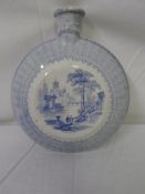 A VICTORIAN BLUE AND WHITE STAFFORDSHIRE MOON FLASK WITH BLUE TRANSFERRED COUNTRY SCENE TO CENTRAL