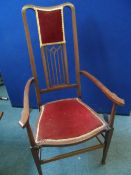 AN EDWARDIAN INLAID MAHOGANY OCCASIONAL ELBOW CHAIR WITH RED VELVET COVERED SEAT AND SIMILAR PAD