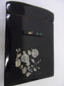 A CHINESE LACQUER PHOTOGRAPH ALBUM WITH INLAID MOTHER OF PEARL IN THE FORM OF FLOWERS TOGETHER WITH