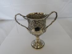 A SOLID SILVER WILLIAM IV LONDON HALLMARKED TWO HANDLED PRESENTATION CUP, MM R A W S 1834,