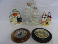 A MISC. COLLECTION OF THREE STAFFORDSHIRE FLAT BACK FIGURES TOGETHER WITHN TWO HAND PAINTED POT LIDS