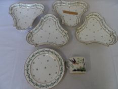 A COLLECTION OF MISC. PORCELAIN INCL. FOUR HAND PAINTED AND GILT SHAPED LEGUME DISHES AND A SIDE