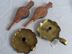 A PAIR OF ARTS AND CRAFTS BRASS CANDLE HOLDERS AND TWO ARTS AND CRAFTS MINIATURE COPPER FACED