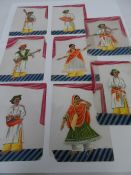 TEN HAND PAINTED VINTAGE INDIAN CELLOPHANE SLIDES DEPICTING VARIOUS MUSICIANS AND DANCERS IN