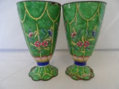 A PAIR OF CHINESE FAMILE ROSE STYLE CLOISONNE FOOTED GOBLETS - THE GOBLETS DEPICTING BUTTERFLIES AND