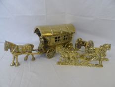 A COLLECTION OF MISC. BRASS INCL. A CART HORSE AND GYPSY CARAVAN, CANNON AND A PAIR OF CART HORSE