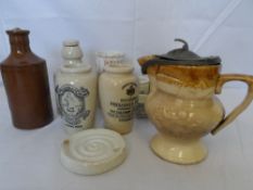 A COLLECTION OF MISC. POTTERY POTS, JUGS AND BOTTLES INCL. WIGTONSHIRE CREAMERY, THE GALLOWAY