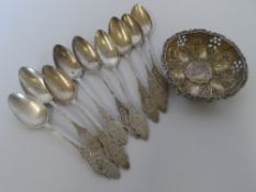 NINE 800 HALLMARKED TEASPOONS TOGETHER WITH A SILVER FILIGREE BOWL TOGETHER WITH A SET OF SIX