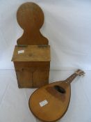 A VINTAGE PINE CANDLE BOX TOGETHER WITH AN INLAID MANDOLIN  ( 2 )