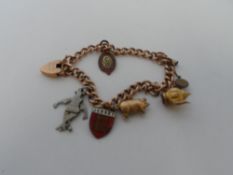 A 9 CT GOLD HALLMARKED CHARM BRACELET WITH HEART SHAPED LOCKET, APPROX. TOTAL WEIGHT 15 GM
