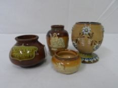 A MISC. COLLECTION OF FOUR ROYAL DOULTON LAMBETH WARE POTTERY MINIATURE VASES INCL. BROWN
