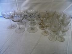 A COLLECTION OF MISC. GLASS INCL. THREE EDWARDIAN ENGRAVED CHAMPAGNE GLASSES AND TWELVE OTHERS