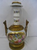 A LATE 19th CENTURY FRENCH HAND PAINTED PORCELAIN AND ORMULU LAMP BASE HAVING FLORAL DECORATION,