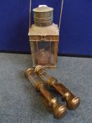 A SQUARE BRASS COACHING LAMP TOGETHER WITH TWO BRASS G W R CARRIAGE LAMPS  ( 3 )