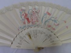 AN IVORY ART NOUVEAU FAN DEPICTING A WATERCOLOUR OF KING AND QUEEN OF THE FAIRIES `OBERON & TITANIA`