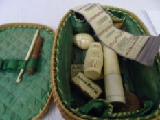 A MISC. COLLECTION OF IVORY AND OTHER SEWING ACCOUTREMENTS INCL. AN IVORY COTTON REEL BASKET, A