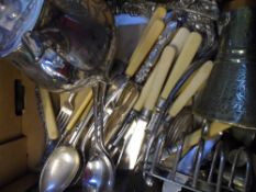 A COLLECTION OF SILVER PLATE INCL. FISH KNIVES AND FORKS, LADLE, FISH SERVERS, TOAST RACK, KETTLE
