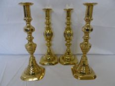 TWO PAIRS OF ANTIQUE BRASS PUSH ROD CANDLESTICKS  ( 4 )