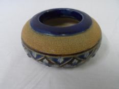 A DOULTON LAMBETH WARE POTTERY ASHTRAY HAVING BLUE AND BROWN GEOMETRIC DESIGN FRIEZE TO BELLY , BLUE