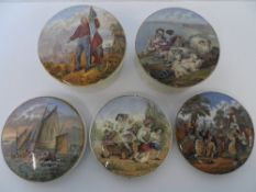 A COLLECTION OF MISC. PORCELAIN POT LIDS AND JARS HAND PAINTED WITH VARIOUS SCENES INCL. PEACE,