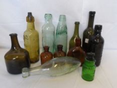 A MISC. COLLECTION OF ANTIQUE AND  VINTAGE GLASS BOTTLES INCL. R C V N P, HEDNESFORD HILLS MARBLE