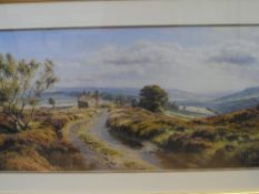 A FRAMED AND GLAZED PRINT OF A MOORLAND VIEW, APPROX. 40 X 81 CM