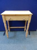 A SMALL PINE HALL TABLE HAVING A DUMMY DRAWER ON TURNED LEGS UNITED BY STRETCHERS, APPROX. 33 X 64 X