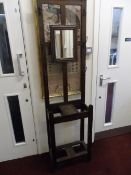 AN EDWARDIAN OAK COTTAGE HALL STAND, APPROX. 54 X 26 X 190 CM TOGETHER WITH AN ORNATE MAHOGANY