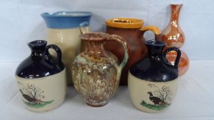 FIVE ASSORTED POTTERY WATER JUGS INCL. TWO HAND PAINTED WITH PHEASANTS TOGETHER WITH A LUSTRE WARE