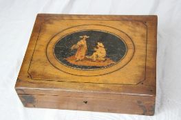 A CONTINENTAL INLAID BOX DEPICTING A DUTCH STYLE FARM GIRL AND ANOTHER CHARACTER, APPROX. 22 X 17