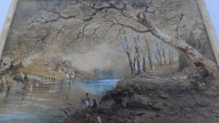 AFTER CORNELIUS PEARSON - A WATERCOLOUR ON PAPER OF A RIVER SCENE WITH FISHERMEN - SIGNED AND