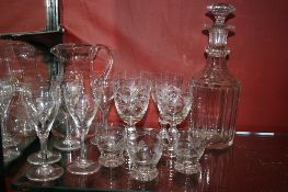 A COLLECTION OF MISC. GLASS INCL. WATER JUG ENGRAVED WITH DAISIES, FOUR WINE GLASSES ENGRAVED WITH