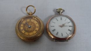 A 9ct HALLMARKED LADY`S POCKET WATCH TOGETHER WITH ANOTHER SILVER LADY`S POCKET WATCH WITH ROSE GOLD