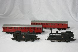 A WOODEN BOX OF MISC. TRIANG AND HORNBY CARRIAGES AND ENGINES