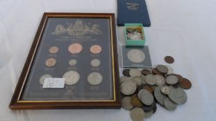 A COLLECTION OF MISC. COINS INCL. SILVER SHILLINGS, SIXPENCES ETC.