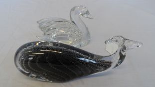 A WATERFORD CRYSTAL SWAN TOGETHER WITH A GLASS WHALE INSCRIBED F M   RENN ALY S ... MULO APPROX.