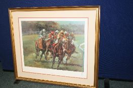 A SIGNED AND FRAMED LIMITED EDITION RACING PRINT  "THREE FROM HOME " BY CLAIRE EVA BURTON, 65 / 800,