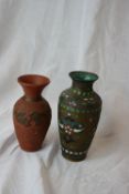 A CLOISONNE POSY VASE, APPROX. 14 CM TOGETHER WITH A TERRACOTTA VASE HAVING A DRAGON IN RELIEF