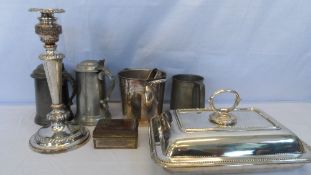 A MISC. COLLECTION OF PEWTER AND SILVER PLATE INCL. TWO LIDDED TANKARDS, ONE INSCRIBED WADHAM
