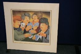 A MOUNTED AND SIGNED LIMITED EDITION PRINT DEPICTING LADIES PLAYING CARDS ENTITLED  " A FULL HOUSE "