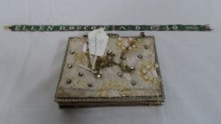 A LADY`S ORNATE EVENING CLUTCH BAG TOGETHER WITH A VICTORIAN HAND BEADED STRAP WORDED ELLEN ROSCOW