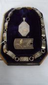 A VICTORIAN / EDWARDIAN LADY`S SILVER BOX NECKLACE, PENDANT AND BROOCH SET IN ORIGINAL MAPPIN & WEBB