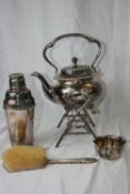 A COLLECTION OF MISC. SILVER PLATE INCL. A SHEFFIELD SALVER, SPIRIT KETTLE, MAPPIN AND WEBB