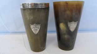 TWO ANTIQUE HORN BEAKERS, ONE HAVING  A SILVER HALLMARKED RIM INSCRIBED THROWING THE CRICKET BALL