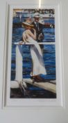 A FRAMED AND GLAZED LIMITED EDITION PRINT DEPICTING A COUPLE AT HENLEY ROWING REGATTA SIGNED SHERREE