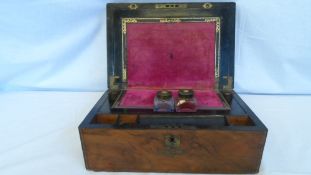 A MISC. COLLECTION OF BOXES INCL. ANTIQUE ROSEWOOD WRITING SLOPE HAVING TWO CUT GLASS INK POTS
